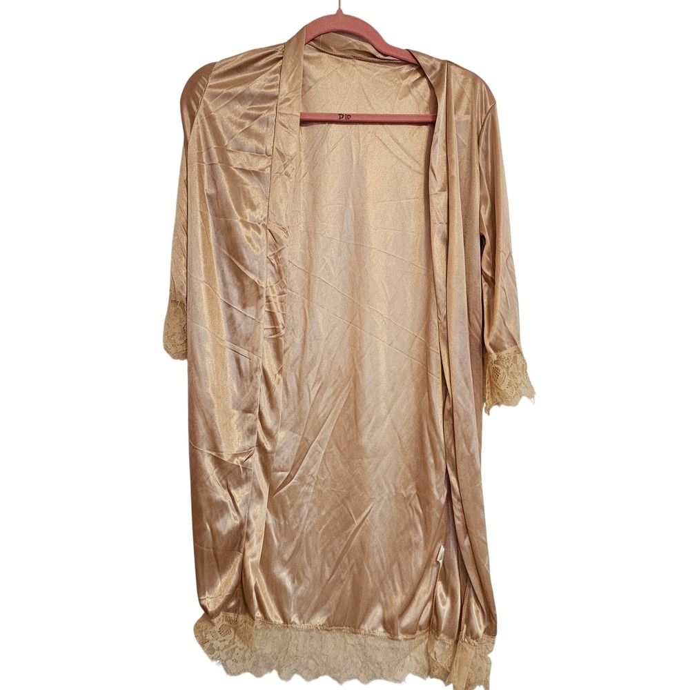 Vintage Satin Lace Robe Kimono Duster Gold Beige Glam Lingerie - Picture 5 of 5